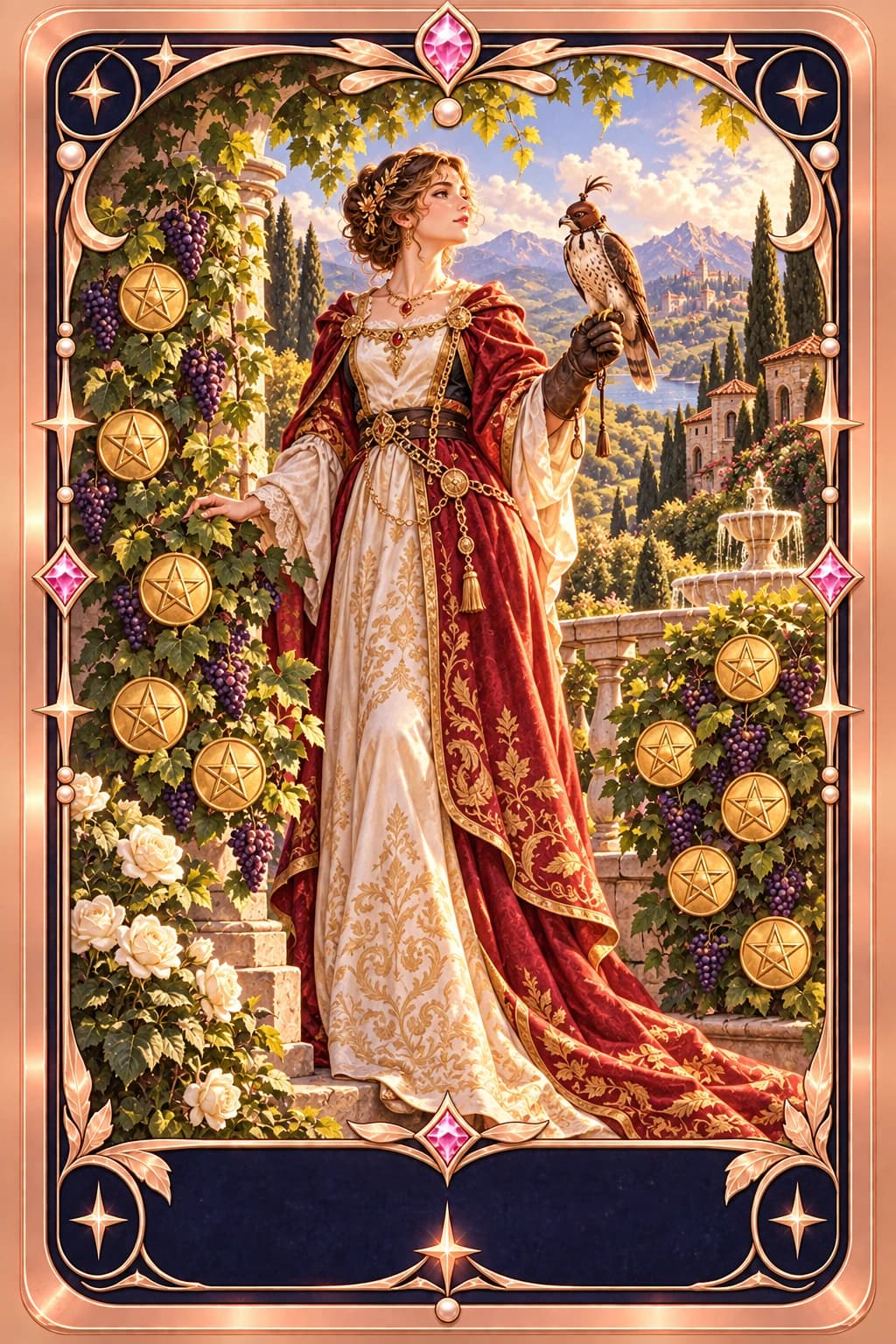 Nine of Pentacles tarot card illustration