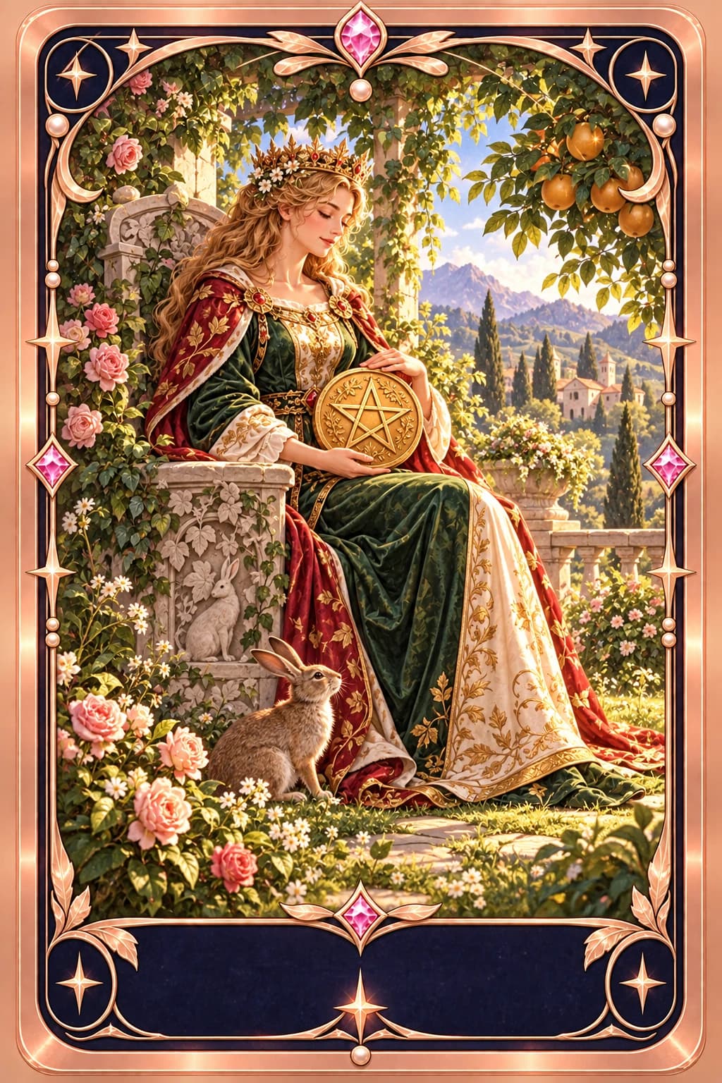 Queen of Pentacles tarot card illustration